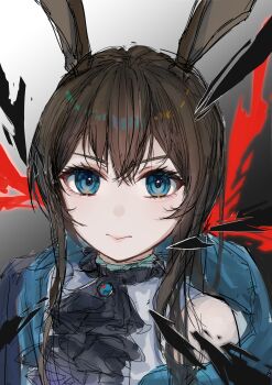 1girl absurdres amiya_(arknights) arknights ascot black_ascot blue_eyes blue_jacket brown_hair cit commentary_request energy gradient_background hair_between_eyes highres jacket long_hair looking_at_viewer open_clothes open_jacket shirt sidelocks single_bare_shoulder solo white_shirt