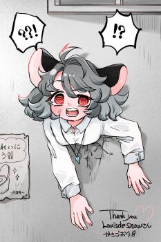 ! !? 1girl ? @_@ ahoge animal_ears artist_name breasts crack cracked_wall english_text grey_hair highres immobilization jewelry kakigoori_(xm3lz) long_sleeves looking_at_viewer mouse_ears nazrin necklace open_mouth red_eyes shirt small_breasts solo spoken_exclamation_mark spoken_question_mark stuck through_wall touhou white_shirt