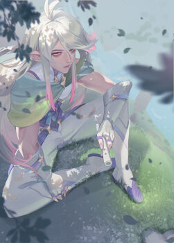 1boy absurdres alan_bushuile boots chinese_commentary commentary_request dizi elf fingerless_gloves flute gloves grass highres instrument iris_(roco_kingdom:_world) leaf long_hair male_focus multicolored_hair outdoors pants pink_hair pointy_ears roco_kingdom roco_kingdom:_world sitting solo transverse_flute white_gloves white_hair white_pants yellow_eyes
