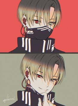 1boy akua bishounen black_mask blonde_hair brown_eyes closed_mouth commentary covered_mouth earrings gradient_hair heterochromia high_collar highres jewelry kannazuki_ai king_of_prism looking_at_viewer male_focus mask mask_pull mouth_mask multicolored_hair parted_bangs pretty_rhythm pretty_series red_eyes short_hair smile symbol-only_commentary upper_body