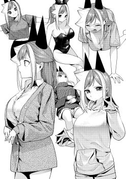 Rule 34 | 1girl, all fours, bare shoulders, breasts, cleavage, collared shirt, greyscale, half updo, hands on own stomach, heart attack, highres, hood, hoodie, horns, kaijin mira no dai 2 keitai ga kawaisugiru, large breasts, leotard, long hair, long sleeves, looking at viewer, lying, midriff peek, monochrome, multiple views, on back, shirt, simple background, strapless, strapless leotard, sweater, t-shirt, white background, yoshida tatsuya