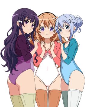 3girls 6kan alternate_hair_length alternate_hairstyle blue_eyes blue_hair blue_leotard braid braided_bun breasts brown_eyes brown_thighhighs commentary_request commission cosplay double_bun girlfriend_(kari) gochuumon_wa_usagi_desu_ka? grey_thighhighs hair_bun hair_down hair_ornament hairclip highres hoto_cocoa kafuu_chino leotard light_smile medium_breasts multiple_girls pixiv_commission purple_eyes purple_hair purple_leotard shiina_kokomi shina_kokomi_(cosplay) simple_background single_braid smile tedeza_rize thighhighs three-quarter_sleeves wavy_hair white_background x_hair_ornament