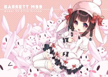 Rule 34 | 1girl, animal bag, animal ears, animal hat, black bow, black hair, bloomers, blunt bangs, bow, braid, cellphone, dress, frilled sleeves, frills, girls' frontline, hair bow, hat, holding, holding phone, juliet sleeves, karaage3, lolita fashion, long sleeves, lop rabbit ears, low twin braids, m99 (girls' frontline), m99 (rabbit squad) (girls' frontline), phone, pom pom (clothes), puffy sleeves, rabbit, rabbit bag, rabbit ears, rabbit hat, red bow, red eyes, sidelocks, smile, striped clothes, striped thighhighs, thighhighs, twin braids, underwear, vertical-striped clothes, vertical-striped thighhighs, white bloomers, white bow, white dress, white hat, white thighhighs