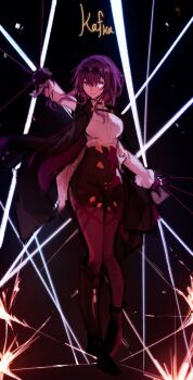 1girl absurdres asymmetrical_legwear black_boots black_gloves black_jacket black_shorts boots breasts character_name eyewear_on_head full_body gloves hair_between_eyes high-waist_shorts highres honkai:_star_rail honkai_(series) jacket kafka_(honkai:_star_rail) large_breasts long_hair looking_at_viewer pantyhose pantyhose_under_shorts parted_lips purple_eyes purple_hair purple_pantyhose shirt shorts silk smile solo sparrow4193941 standing sunglasses uneven_legwear white_shirt wing_collar