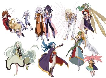 ? absurdres angel_wings animal ankle_boots armor arms_behind_back back_bow belt bent_over black_dress black_hair black_leggings black_pants black_shirt black_trim blonde_hair blue_cloak blue_eyes blue_hair blue_jacket blue_shoes blue_shorts blue_trim blunt_bangs bodysuit boots bow breastplate brown_belt brown_eyes brown_hair chest_jewel cleavage_cutout clenched_hand cloak clothing_cutout coat colette_brunel corrine curtained_hair detached_sleeves detached_wings dress elbow_gloves eyeshadow falling fingerless_gloves firing floating_hair fox fujibayashi_sheena gauntlets genius_sage gloves gold_choker gold_trim green_dress green_eyes green_hair green_robe green_shoes grey_boots grey_gloves hair_intakes hair_ornament hair_over_one_eye hands_on_own_knees hat high_ponytail highres holding holding_animal holding_knife jacket japanese_clothes kimono knife leggings leotard light_blush lloyd_irving long_bangs long_hair long_sleeves looking_at_animal looking_at_viewer looking_back low_ponytail makeup martel_(tales) mithos_yggdrasill mitre motoyui nancykittyu open_mouth orange_coat orange_pants pants parted_hair pink_bow pink_hair pink_ribbon pink_sash ponytail presea_combatir priest pronyma_(tales) purple_boots purple_eyeshadow purple_kimono purple_sleeves purple_trim raine_sage reaching reaching_towards_another red_boots red_gloves red_leotard red_shirt remiel_(tales) ribbon robe sash scarf shirt shoes shorts sidelocks simple_background sleeveless sleeveless_dress smile spiked_hair surprised suspenders swept_bangs tales_of_(series) tales_of_symphonia thighhighs twintails undershirt wavy_hair white_background white_bodysuit white_boots white_dress white_hair white_jacket white_pants white_scarf white_shirt white_shoes white_trim wide_sleeves wings yellow_eyes yellow_trim yuan_(tales)