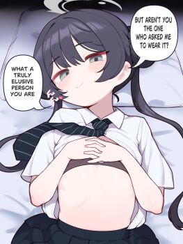 1girl absurdres black_hair blue_archive bra english_text hair_bun halo highres kisaki_(blue_archive) lk149 loli long_hair looking_at_viewer necktie shirt skirt solo speech_bubble twintails underwear white_shirt