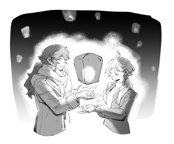 2girls chinese_commentary commentary_request festival formal_clothes greyscale gundam gundam_suisei_no_majo hair_tie happy highres jacket lantern light_smile long_hair long_sleeves miorine_rembran monochrome multiple_girls nideaneng paper_lantern scarf sky_lantern star_balloon suletta_mercury upper_body