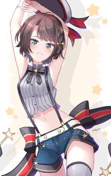 1girl :3 armpits arms_behind_head arms_up back_bow black_bow black_bowtie blue_eyes blue_shorts blush bow bowtie braid breasts brooch brown_hair buttons closed_mouth clothing_cutout contrapposto cropped_shirt drop_shadow grey_hat grey_shirt grey_thighhighs hair_ornament hairclip hat highres hip_vent hololive jewelry lace lace-trimmed_panties lace_trim large_bow looking_at_viewer medium_breasts midriff narrow_waist navel nishiki_yuno official_alternate_costume official_alternate_hairstyle oozora_subaru oozora_subaru_(suspenders) panties panty_peek pinstripe_pattern pinstripe_shirt sailor_hat shirt short_hair shorts side_braid sleeveless sleeveless_shirt smile solo star_(symbol) star_brooch star_hair_ornament star_symbol_background suspenders swept_bangs thighhighs underwear unworn_hat unworn_headwear virtual_youtuber wide_hips yellow_bow