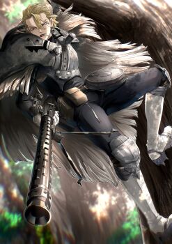 Rule 34 | 1boy, absurdres, armor, belt, black pants, blonde hair, boots, breastplate, cape, cigarette, day, dr. stone, forest, fur cape, gloves, gun, hair between eyes, highres, holding, holding gun, holding weapon, in tree, knee pads, looking at viewer, machine gun, male focus, mitsuru (aica hikari), nature, open mouth, outdoors, pants, pouch, scar, scar on face, short hair, shoulder armor, smoking, solo, stanley snyder (dr.stone), tree, weapon, white gloves, yellow eyes