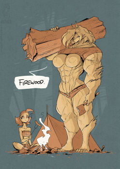 2girls abs animal_ears axe breasts campfire english_text fire food forest fork frown furry furry_female holding holding_axe jolly_jack large_breasts log long_hair looking_at_another medium_hair multiple_girls muscular muscular_female nature original sausage short_shorts shorts size_difference smoke strapless tent thick_thighs thighs tube_top werewolf wolf_ears wolf_girl