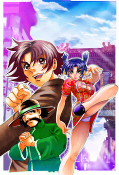 1girl 2boys bell black_hair black_hat breasts brown_eyes brown_hair brown_jacket china_dress chinese_clothes cleavage cleavage_cutout clothing_cutout cloud collared_jacket dress facial_hair fighting_stance gate green_eyes green_jacket hair_bell hair_ornament hat jacket japanese_clothes large_breasts leg_up long_hair long_sleeves ma_kensei ma_renka martial_arts matsuena_shun multiple_boys mustache open_mouth outstretched_arm panties purple_hair shijou_saikyou_no_deshi_ken'ichi shirahama_ken'ichi short_dress short_hair short_sleeves simple_background sky smile thighs underwear v-shaped_eyebrows white_background white_panties