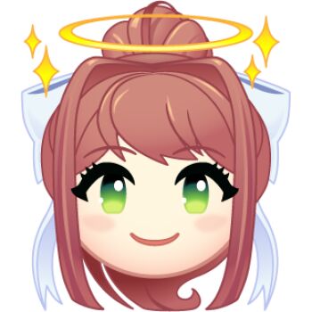 1girl artist_request bow chibi chibi_only doki_doki_literature_club emoji green_eyes hair_bow halo high_ponytail long_sidelocks looking_at_viewer lowres monika_(doki_doki_literature_club) official_art pink_hair ponytail portrait sidelocks solo sparkle