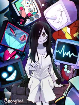 2boys 2girls absurdres ant_tenna artist_name black_eyes black_hair bongftah bow bowtie breasts character_request colored_skin commentary copyright_request crossover crt deltarune dress formal_clothes grey_skin grin hair_over_one_eye hazbin_hotel hellaverse highres karen_(spongebob) large_breasts long_hair long_nose long_sleeves looking_at_viewer multiple_boys multiple_crossover multiple_girls necktie object_head one_eye_covered pink_bow pink_bowtie pointy_nose red_pupils red_suit robot_girl sharp_teeth single_bare_shoulder single_off_shoulder sitting smile spongebob_squarepants_(series) suit symbol-only_commentary teeth television the_ring trait_connection utdr_(toby_fox) vox_(hazbin_hotel) well white_dress yamamura_sadako yellow_necktie