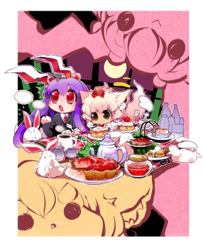 2girls :o animal_ears bad_id bad_pixiv_id black_eyes black_jacket blazer blush bread_slice brown_eyes cake chibi coffee coffee_mug coffee_pot collared_shirt cream cup dessert eating female_focus food fork fruit full_moon hat holding holding_fork inubashiri_momiji jacket jam long_hair looking_away moon mug multiple_girls necktie no_pupils open_mouth pie plate purple_hair rabbit rabbit_ears rabbit_tail red_eyes reisen_udongein_inaba shirt short_hair strawberry strawberry_shortcake tablecloth tail tart_(food) teacup teapot tiered_tray toast tokin_hat touhou usoneko white_hair window wolf_ears wolf_tail