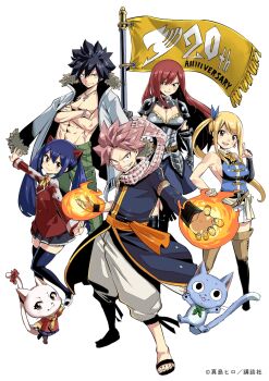2boys 3girls abs anniversary armor bare_shoulders black_coat black_hair black_thighhighs blonde_hair blue_cat blue_hair blue_shirt boobplate breastplate breasts cat charle_(fairy_tail) cleavage closed_mouth coat coat_on_shoulders copyright_notice crossed_arms erza_scarlet fairy_tail fairy_tail_logo fire flag gray_fullbuster grin hand_on_own_hip happy_(fairy_tail) highres long_hair long_sleeves lucy_heartfilia mashima_hiro medium_breasts multiple_boys multiple_girls natsu_dragneel official_art open_clothes open_coat open_mouth pauldrons pink_hair pink_scarf pyrokinesis red_coat red_hair scarf second-party_source shirt shoulder_armor sideboob simple_background single_sleeve skirt sleeveless sleeveless_shirt smile thighhighs wendy_marvell white_background white_coat white_skirt