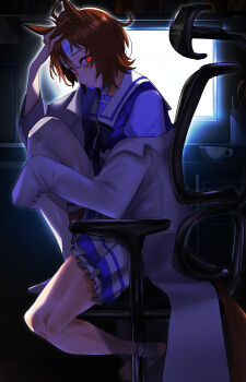 1girl absurdres agnes_tachyon_(umamusume) ahoge animal_ears bandaged_foot bandages barefoot brown_hair chair coat commentary_request computer cup hand_in_own_hair highres horse_ears horse_girl horse_tail indoors jitome_no_tsugumi lab_coat legs messy_hair monitor office_chair pleated_skirt purple_shirt red_eyes school_uniform shirt short_hair single_thighhigh sitting skirt sleeves_past_fingers sleeves_past_wrists solo summer_uniform swivel_chair tail teacup thighhighs tracen_school_uniform umamusume white_coat white_skirt white_thighhighs