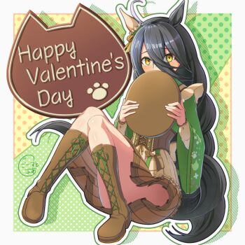 Rule 34 | 1girl, ahoge, animal ears, black hair, blush, boots, bow, brown corset, commentary request, convenient censoring, corset, covering own mouth, ear covers, ear ribbon, ghost rea, green boots, green kimono, green ribbon, green skirt, hair between eyes, happy valentine, holding, holding tray, horse ears, horse girl, japanese clothes, kimono, knees together feet apart, knees up, lace-up boots, long hair, long hair between eyes, long sleeves, looking at viewer, maid, manhattan cafe (umamusume), manhattan cafe (verdant night) (umamusume), multicolored hair, pleated skirt, ribbon, single ear cover, sitting, skirt, solo, thighs, tray, umamusume, valentine, very long hair, wa maid, white hair, wide sleeves, yellow eyes