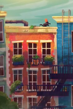 Rule 34 | balcony, bush, cat, day, fire escape, flower pot, industrial pipe, ladder, landscape, little kitty big city, no humans, on rooftop, outdoors, plant, pot on head, potted plant, scenery, window, zandra