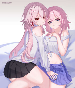 2girls absurdres artist_name bare_shoulders black_nails black_skirt blue_skirt breasts commentary dual_persona earrings evernight_(honkai:_star_rail) hand_on_another&#039;s_thigh higekuru highres honkai:_star_rail honkai_(series) jewelry long_hair march_7th_(honkai:_star_rail) medium_breasts medium_hair midriff miniskirt multicolored_eyes multiple_girls parted_lips red_eyes selfcest shirt skirt tank_top two-tone_eyes very_long_hair white_shirt white_tank_top yuri