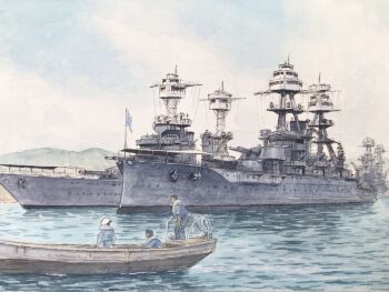3boys atelier_bono battleship boat cloud cloudy_sky commentary_request flag highres mast military_uniform military_vehicle multiple_boys naval_uniform naval_working_uniform original painting_(medium) pearl_harbor revision ship ship_turret sky smokestack traditional_media united_states_navy uss_maryland_(bb-46) uss_oklahoma_(bb-37) warship watercolor_(medium) watercraft