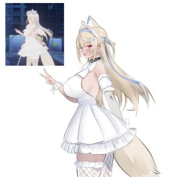 1girl alternate_costume animal_ear_fluff animal_ears backless_dress backless_outfit bandaid bandaid_hair_ornament black_choker blonde_hair blue_hair blush breasts choker commentary d5y0m dog_ears dog_girl dog_tail dress fake_horns from_side fuwawa_abyssgard hair_ornament hairband hand_up highres hololive hololive_english horn_hairband horns huge_breasts long_hair multicolored_hair pink_eyes reference_inset simple_background solo streaked_hair tail thighhighs v virtual_youtuber white_background white_dress white_thighhighs