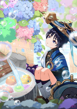 Rule 34 | 1boy, anemo symbol (genshin impact), animal, animal on head, animalization, armor, bamboo, bamboo fence, belt, bird, bird on head, black belt, black bodysuit, black bridal gauntlets, black hair, blue cape, blue flower, blue gem, blue hat, blue petals, blue sleeves, blunt ends, blurry, bodysuit, bridal gauntlets, bright pupils, bubble, bush, cape, cat, choppy bangs, covered collarbone, depth of field, diffraction spikes, eyeliner, falling petals, fence, finch, flower, furisode, gem, genshin impact, gold, hat, highres, hydrangea, japanese armor, japanese clothes, jingasa, kimono, kote, kurokote, layered sleeves, leaf, leg warmers, looking up, makeup, male focus, mandarin collar, mortar (bowl), narasei, on head, open clothes, open kimono, open mouth, person and animalization, petals, pink flower, pink petals, purple cat, purple eyes, purple rope, purple sash, red eyeliner, rock, rope, sash, scaramouche (cat) (genshin impact), scaramouche (genshin impact), short sleeves, shoulder peek, solo, squatting, tsurime, wanderer (genshin impact), water, water balloon, white kimono, white leg warmers, white pupils, white sleeves, white trim