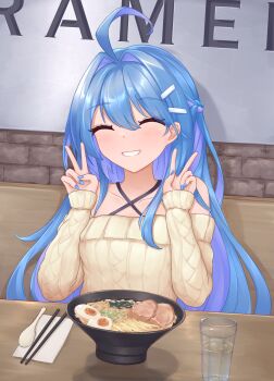 1girl azur_lane bare_shoulders blue_hair blue_nails breasts closed_eyes double_v facing_viewer food grin hair_between_eyes hair_ornament hairclip hands_up happy helena_(azur_lane) highres indoors kyl490 long_hair medium_breasts nail_polish noodles off-shoulder_sweater off_shoulder ramen sitting smile solo sweater upper_body v very_long_hair