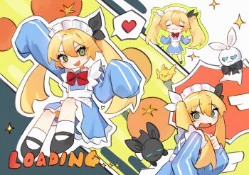 1girl :3 absurdres apron black_shoes blonde_hair blue_jacket blue_skirt bow bowtie chibi chibi_inset closed_eyes closed_mouth commentary dokibird double-parted_bangs english_commentary green_eyes hair_between_eyes heart highres indie_virtual_youtuber jacket jersey_maid loading_screen long_hair long_sleeves looking_at_viewer maid maid_headdress multiple_views open_mouth red_bow red_bowtie shoes shouz skirt sleeves_past_fingers sleeves_past_wrists smile speech_bubble spoken_heart track_jacket twintails unconventional_maid virtual_youtuber waist_apron white_apron