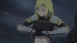 1girl alicia_glenfall animated anime_screenshot armor armored_gloves black_shirt blonde_hair blue_eyes blush body_control breasts clevatess:_majuu_no_ou_to_akago_to_shikabane_no_yuusha clothes_lift highres large_breasts lifting_own_clothes medium_hair navel scar scar_across_eye scar_on_face shirt shirt_lift sound underboob video