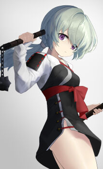 1girl absurdres aji_gohan armor commentary_request corin_wickes green_hair highres holding holding_weapon japanese_armor long_hair looking_at_viewer multiple_weapons purple_eyes shirt shoulder_armor simple_background solo thighs weapon white_background white_shirt zenless_zone_zero