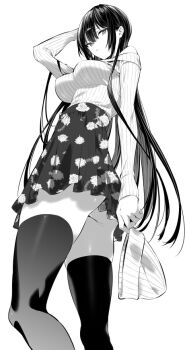 1girl ass bare_shoulders black_thighhighs breasts eyelashes floral_print forehead from_below greyscale hair_between_eyes hand_up hat unworn_hat unworn_headwear high-waist_skirt hiiragi_yuuichi holding long_bangs long_hair long_sleeves looking_at_viewer looking_back looking_down medium_breasts monochrome off_shoulder original pleated_shirt pleated_sleeves pointy_breasts shadow sidelocks simple_background skirt solo thighhighs thighs underboob very_long_hair white_background
