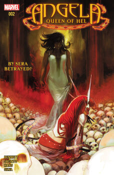 2girls ambiguous_red_liquid angela_(marvel) armor black_gloves black_hair blood blood_on_clothes blood_on_gloves character_name clenched_hand comic_cover company_name copyright_logo copyright_name cover cover_page dark-skinned_female dark_skin dress english_text floating_hair gloves grey_armor highres logo long_hair looking_down marvel multiple_girls official_art pauldrons pile_of_skulls profile red_hair red_sash sash sera_(marvel) shoulder_armor sitting spiked_headband stephanie_hans thor_(marvel)_(series) very_long_hair western_comics_(style) white_dress wife_and_wife wiping_blood wiping_face