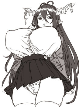 1girl breasts cowboy_shot danua draph granblue_fantasy highres horn_ornament horns houtengeki jacket large_breasts long_hair monochrome panties pleated_skirt shirt skirt solo thighhighs underwear