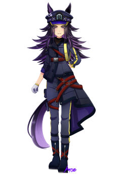 1girl absurdres animal_ears black_boots black_hair black_jacket black_pants black_shirt blush boots closed_mouth commentary_request ears_through_headwear fenomeno_(black_flames_of_the_righteous_spirit)_(umamusume) fenomeno_(umamusume) flipped_hair gloves hat highres horse_ears horse_girl horse_tail horseshoe_hat_ornament horseshoe_ornament jacket konsu_(konsu1182da) long_hair long_sleeves looking_at_viewer multicolored_hair pants peaked_cap purple_eyes purple_hair shirt simple_background smile solo tail umamusume white_background white_gloves