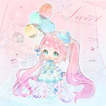 Rule 34 | 1girl, absurdly long hair, ankle bow, ankle ribbon, aqua bow, aqua eyes, aqua shoes, argyle bow, arm up, balloon, bare shoulders, blue background, blue hairband, blue hat, blue ribbon, blue wrist cuffs, bow, chibi, chinese commentary, commentary request, commission, dance till dawn (infinity nikki), detached sleeves, dress, eyelashes, floating, frilled headwear, frilled wrist cuffs, frills, gradient background, gradient hair, hairband, happy, hat, hat bow, hat ornament, holding, holding balloon, infinity nikki, lanlan zhi jiabing, light blush, light particles, lolita fashion, long hair, looking at viewer, medium dress, mini hat, mini top hat, multicolored hair, neck ribbon, nikki (series), official alternate color, open mouth, outline, pantyhose, pink background, pink hair, pleated dress, ribbon, sample watermark, shoes, single stripe, smile, solo, sparkling eyes, star (symbol), star hat ornament, strapless, strapless dress, striped bow, swept bangs, tareme, too many watermarks, top hat, twintails, two-tone background, two-tone bow, two-tone wrist cuffs, very long hair, waist bow, watermark, wavy hair, white bow, white dress, white outline, white pantyhose, white sleeves, white wrist cuffs, wrist cuffs, yellow bow, zoom layer