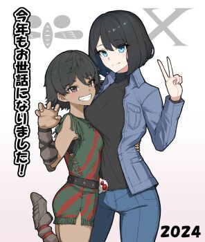 Rule 34 | 2girls, arm around waist, belt, black belt, black hair, black shirt, blue eyes, blue jacket, blue pants, boots, breast press, brown eyes, brown footwear, claw pose, collared jacket, commentary request, cowboy shot, denim, denim jacket, dress, eidenjyou1997, emblem, fingernails, genderswap, genderswap (mtf), gradient background, green dress, height difference, jacket, jeans, jin keisuke, kamen rider, kamen rider amazon (series), kamen rider x (series), leg up, looking at viewer, medium hair, multiple girls, open clothes, open jacket, pants, pink background, rider belt, shirt, short dress, short hair, sleeveless, sleeveless dress, smile, standing, standing on one leg, striped clothes, striped dress, tan, teeth, translation request, v, white background, wrist guards, x (symbol), yamamoto daisuke