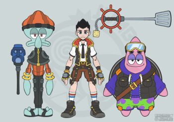 3boys alternate_color alternate_costume alternate_eye_color alternate_hair_color alternate_hair_length alternate_hairstyle alternate_universe animal big_nose black_hair blue_eyes bromojumbo crossover highres keyblade kingdom_hearts long_sleeves looking_at_viewer multiple_boys nickelodeon octopus patrick_star red_eyes short_hair smile sora_(kingdom_hearts) spatula spiked_hair spongebob_squarepants_(series) square_enix squid squidward_tentacles starfish toon_(style)