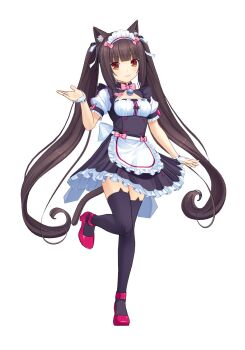 10s 1girl 3d :3 animal_ear_fluff animal_ear_legwear animal_ears apron bell blush bow breasts brown_eyes brown_hair buttons cat_ear_legwear cat_ear_thighhighs cat_ears cat_girl cat_tail cat_thighhighs chocola_(nekopara) collar female_focus full_body heart_button highres jingle_bell long_hair looking_at_viewer maid maid_apron maid_headdress miniskirt neck_bell nekopara pink_bow puffy_short_sleeves puffy_sleeves ribbon sayori_(neko_works) short_sleeves simple_background skirt slit_pupils small_breasts smile solo standing standing_on_one_leg tail thighhighs twintails very_long_hair waist_apron white_background wrist_cuffs zettai_ryouiki