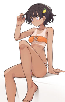 1girl adjusting_hair arm_support bikini bikini_tan blush breasts brown_hair cleavage collarbone crossed_bangs food-themed_hair_ornament foot_out_of_frame hair_between_eyes hair_ornament k-go knee_up lemon_hair_ornament make_heroine_ga_oo_sugiru! medium_breasts official_alternate_costume orange_bikini pout purple_eyes shadow short_hair sidelocks simple_background sitting solo stomach strapless strapless_bikini swimsuit tan tanline underboob white_background yakishio_lemon