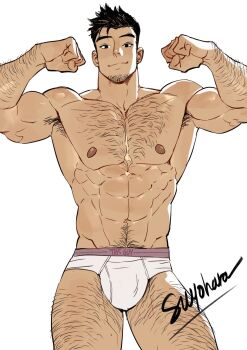 Rule 34 | 1boy, abs, arm hair, armpit hair, bara, biceps, black eyes, black hair, body hair, boxer briefs, briefs, bulge, chest hair, classic fly briefs, closed mouth, flexing, hairy, highres, large bulge, leg hair, looking at viewer, male focus, male underwear, mature male, muscular, muscular male, navel hair, original, pectorals, smile, solo, spiked hair, suyohara, topless male, underwear, underwear only, white male underwear