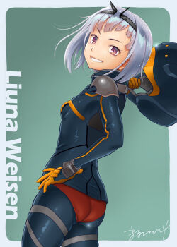 Rule 34 | 1girl, aleste, ass, bodysuit, breasts, character name, character request, cowboy shot, diagonal bangs, from behind, from side, gg aleste, gg aleste 3, green background, grey hair, hand up, headband, highres, indoors, looking at viewer, looking back, malcorond, medium hair, panties, panties over bodysuit, purple eyes, red panties, signature, simple background, small breasts, smile, solo, standing, underwear