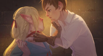 1boy 1girl artzel19 blonde_hair braid brick_wall brown_eyes brown_gloves brown_hair chilchuck_tims choker commentary dungeon_meshi fingerless_gloves gloves hand_on_own_chin highres leaning_forward marcille_donato pointy_ears red_choker shirt white_shirt