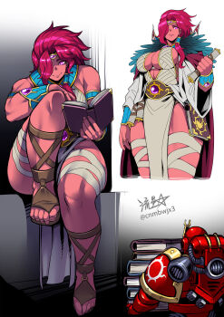 1boy 1girl adeptus_astartes armor artist_name bandages belt book breasts cape center_opening circlet cleavage cleavage_cutout clenched_hand closed_mouth clothing_cutout colored_skin commentary english_commentary genderswap genderswap_(mtf) giant giantess hair_over_one_eye highres holding holding_book large_breasts long_hair magnus_the_red missing_eye muscular muscular_female one-eyed pelvic_curtain pink_eyes pink_skin power_armor primarch reading red_cape red_hair ryuusei_(mark_ii) scroll shaded_face signature simple_background sitting smile stirrup_footwear thousand_sons vambraces warhammer_40k white_background