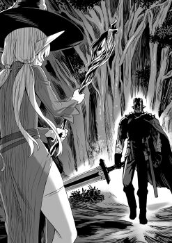 1boy 1girl asanagi bash_(orc_eiyuu_monogatari) confrontation elf forest greyscale hat highres long_hair low_twintails mage_staff monochrome nature novel_illustration official_art orc orc_eiyuu_monogatari outdoors pointy_ears staff sweatdrop sword thighhighs thunder_sonia twintails weapon witch_hat