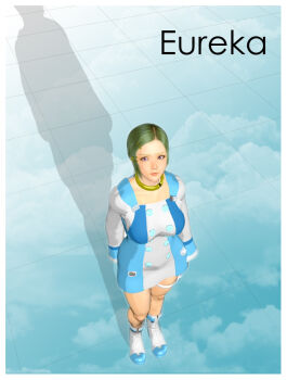 1girl boots breasts collar dress from_above full_body green_hair hair_ornament hairclip kill_the_king large_breasts long_sleeves purple_eyes shadow short_hair solo standing thigh_strap white_footwear