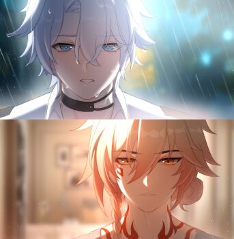2boys absurdres antenna_hair black_choker blonde_hair blue_eyes braid chinese_commentary choker collared_shirt commentary_request facial_tattoo gradient_hair highres honkai:_star_rail honkai_(series) jigebuge male_focus medium_hair multicolored_hair multiple_boys mydei_(honkai:_star_rail) neck_tattoo parted_bangs phainon_(honkai:_star_rail) rain red_hair red_tattoo shirt short_hair side_braid sun_symbol sun_tattoo tan tattoo wet wet_clothes wet_hair wet_shirt white_hair white_shirt yellow_eyes