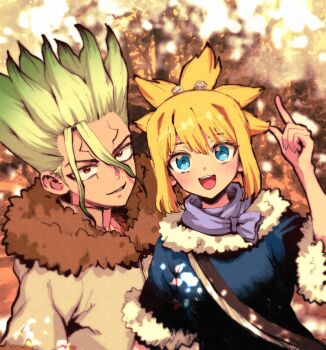 1boy 1girl :d blonde_hair blue_eyes coat dr._stone fur-trimmed_coat fur-trimmed_jacket fur-trimmed_sleeves fur_trim gradient_hair green_hair hair_between_eyes index_finger_raised ishigami_senkuu jacket kohaku_(dr._stone) looking_at_viewer multicolored_hair ninomae_gin open_mouth ponytail red_eyes scarf short_ponytail sidelocks smile spiked_hair teeth two-tone_hair upper_body upper_teeth_only winter_clothes