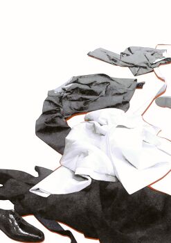 black_coat black_pants coat highres kim_dokja long_sleeves no_humans object_focus omniscient_reader's_viewpoint pants shoes tix_0314 unworn_clothes white_coat yoo_joonghyuk