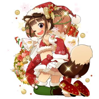 1girl animal_ears armpits bell black_eyes black_thighhighs brown_hair christmas_ornaments christmas_wreath commentary_request detached_sleeves dress fake_animal_ears fur-trimmed_thighhighs fur_trim green_thighhighs hand_on_own_hip hat jingle_bell multicolored_thighhighs one_eye_closed open_mouth raccoon_ears raccoon_girl raccoon_tail round_teeth sandals santa_costume santa_dress santa_hat short_hair snowflakes tail tanuko teeth thighhighs twintails uchako uchi_no_hime-sama_ga_ichiban_kawaii wreath zouri