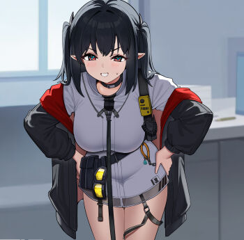 Rule 34 | 1girl, absurdres, arknights, black choker, black coat, black hair, breasts, choker, closure (arknights), coat, commentary request, dishui tangni, dress, highres, large breasts, long hair, looking at viewer, pointy ears, red eyes, smile, solo, thighs, twintails, white dress